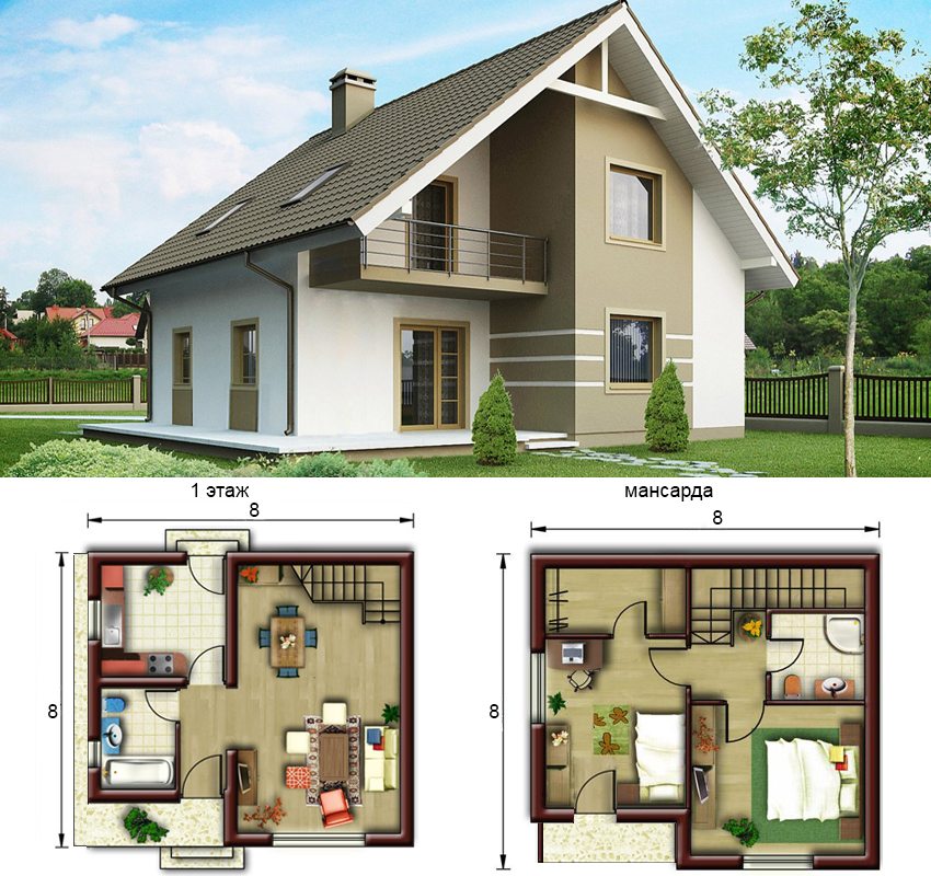 Одноэтажный дом с мансардой (64 фото) — красивые планы кирпичных домов 10 на 8, планировка частных построек