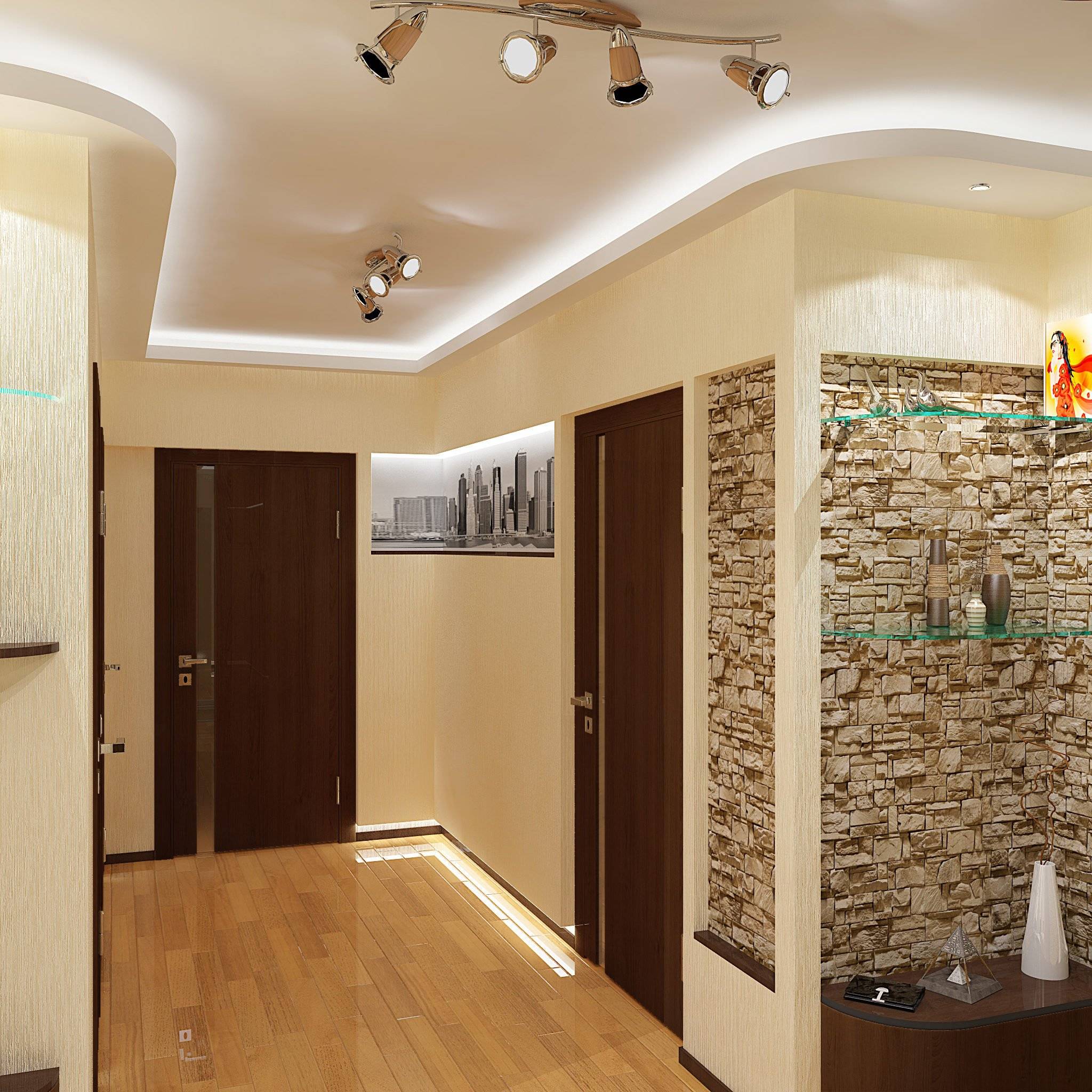 Дизайн потолка из гипсокартона в прихожей и коридоре
