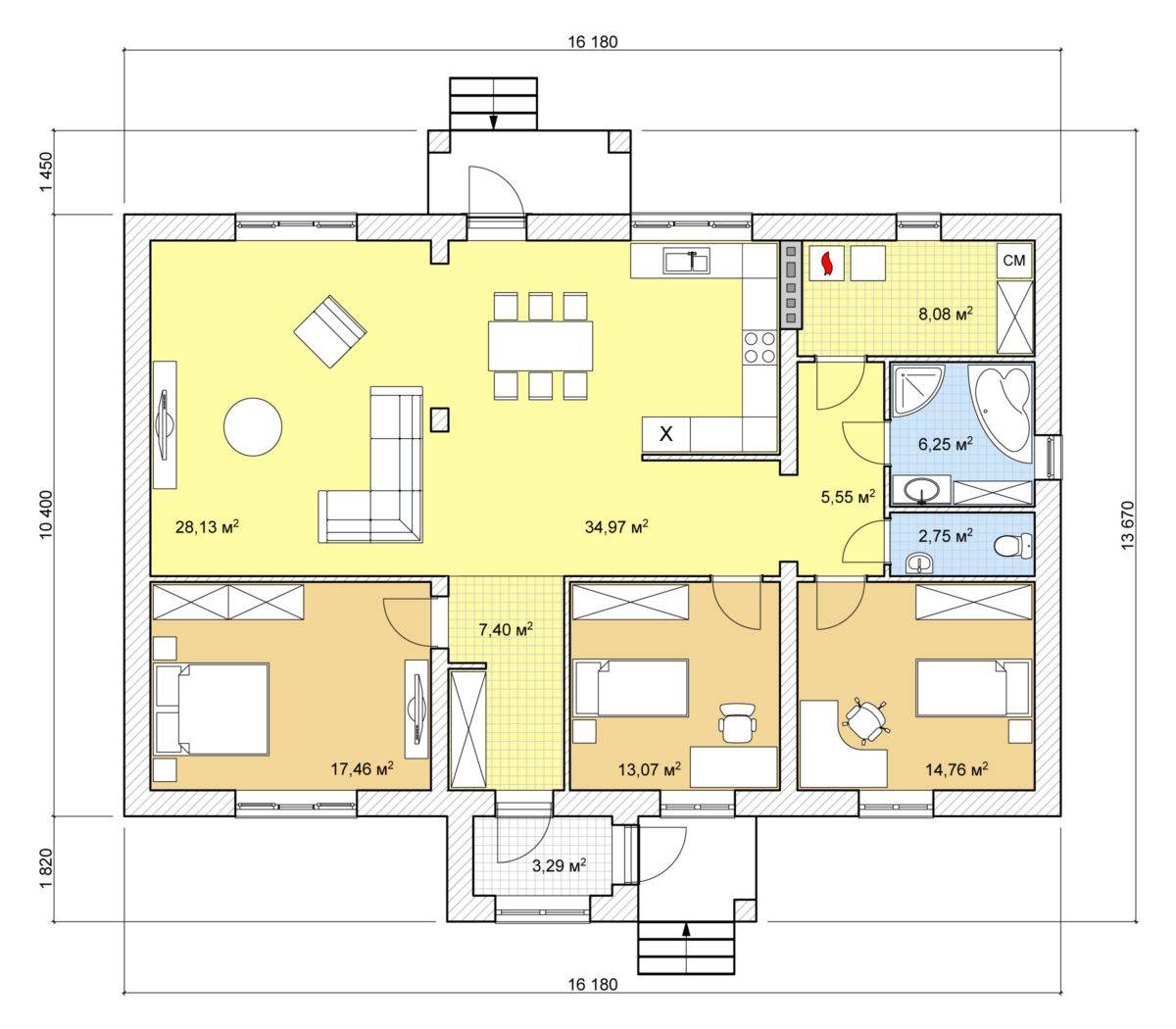 Проект одноэтажного дома с тремя спальнями 9 на 12