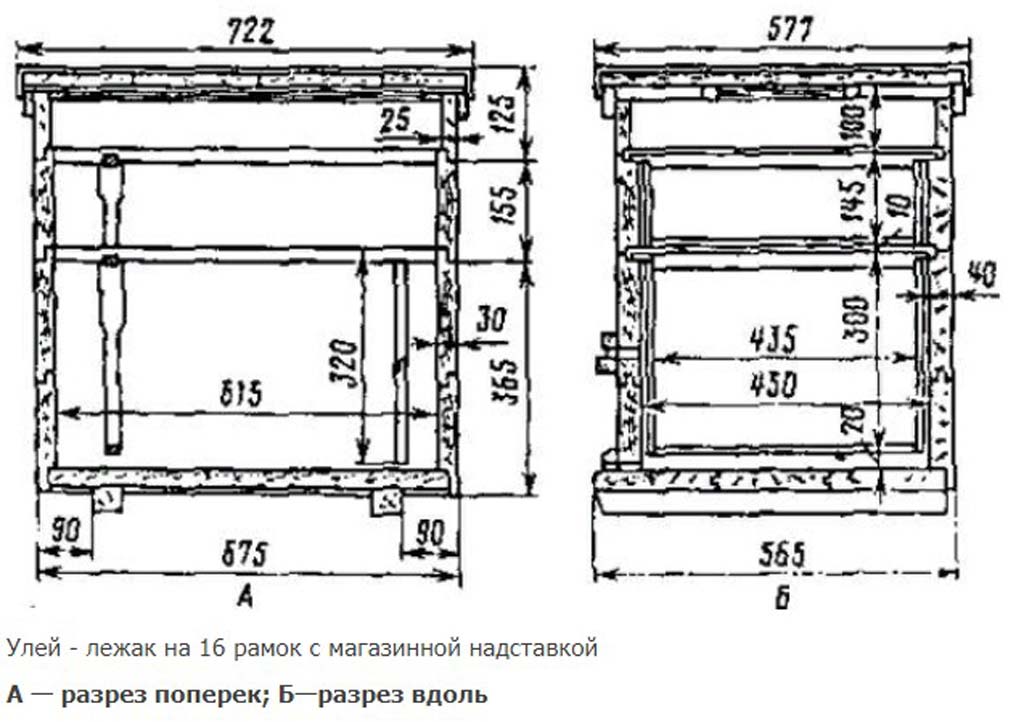 Улей лежак на 24 рамки: чертеж, конструкция, размеры улья