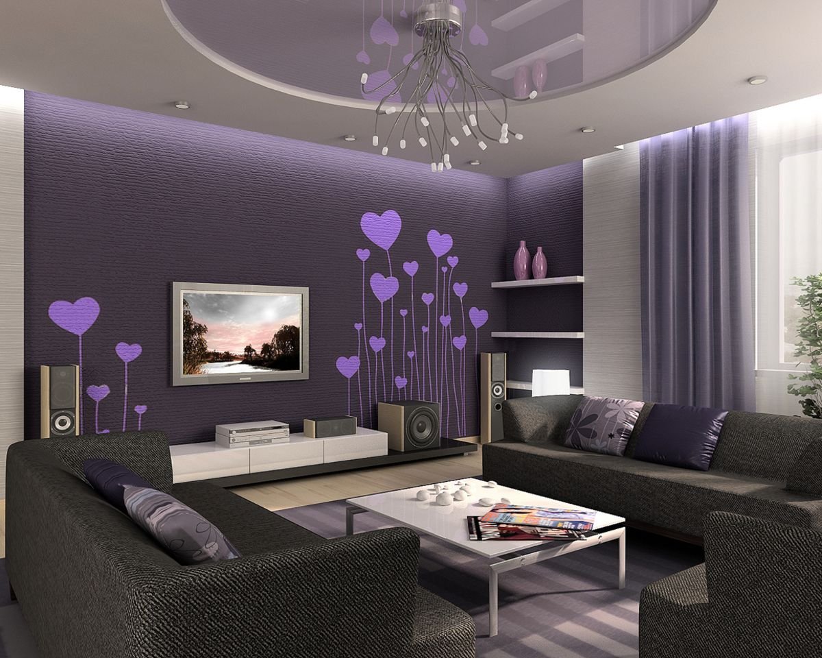 Сиреневая гостиная: оформляем интерьер, шторы и диван, фото дизайна