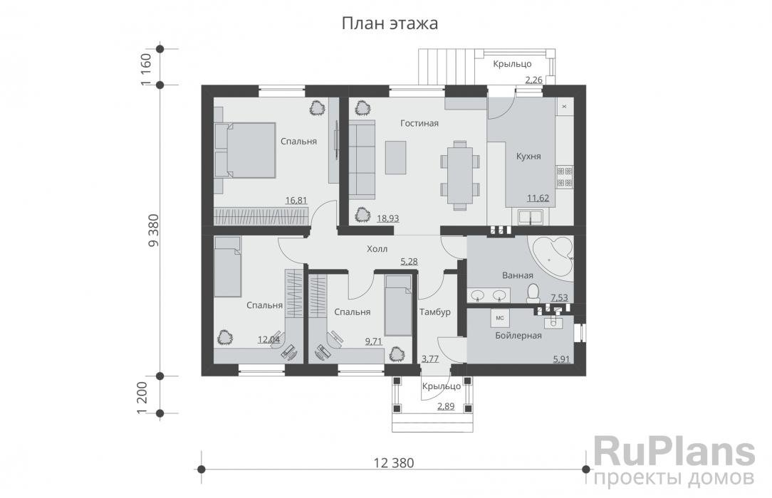 Проект дома 90 м2 одноэтажный 3 спальни