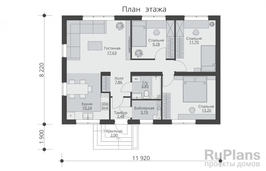 Проект одноэтажного дома из газобетона с 3 спальнями