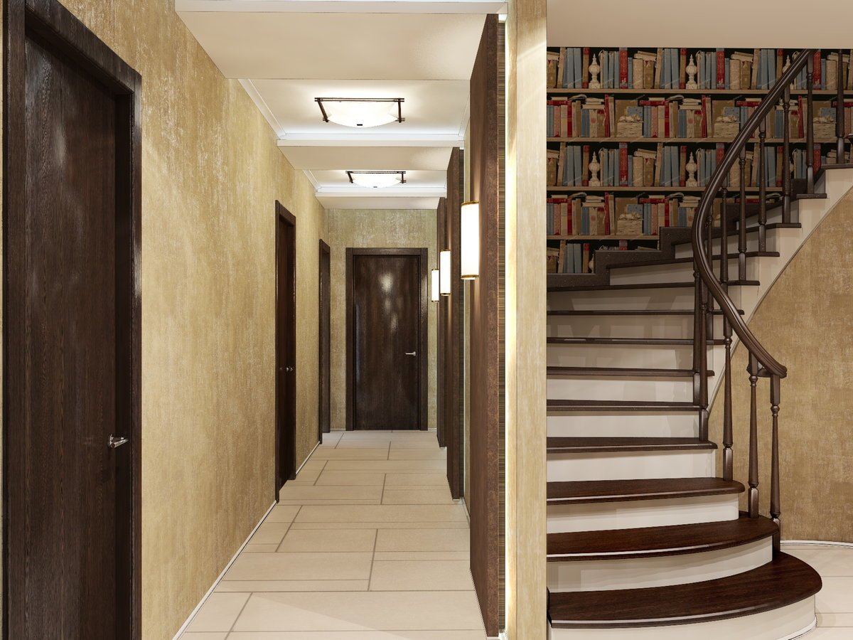 Дизайн холла с лестницей на второй этаж - оформление интерьера в частном загородном доме, отделка прихожей, лестничного пролёта + фото