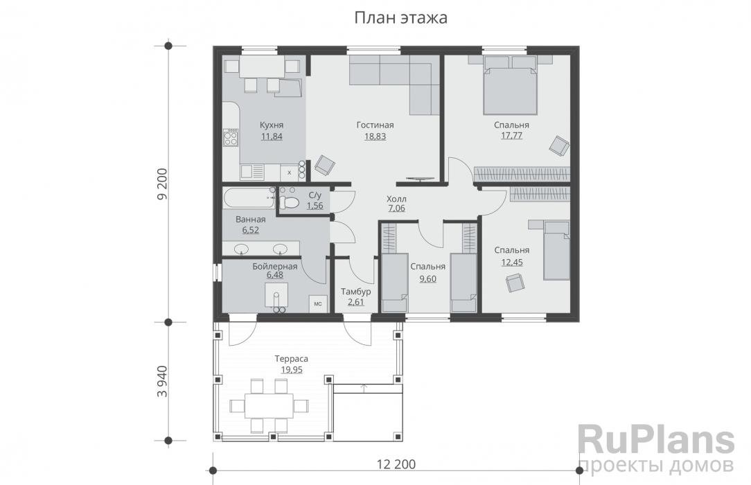 Проект одноэтажного дома 10 на 11 с тремя спальнями