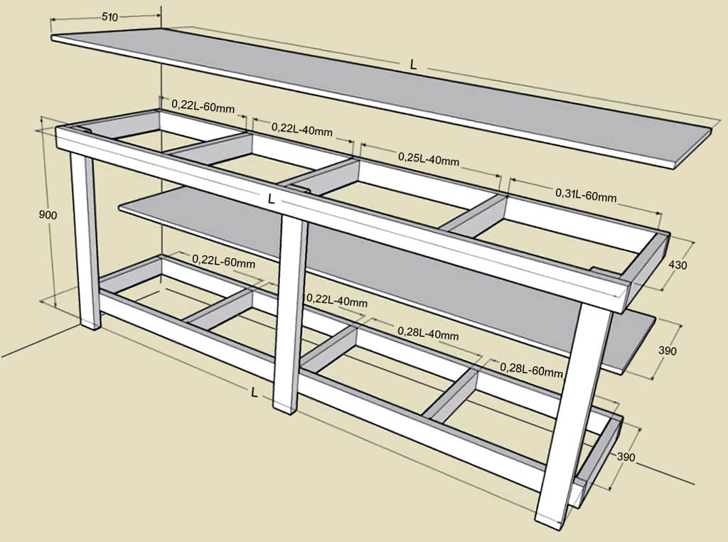 Чертеж слесарного верстака с размерами и материалом