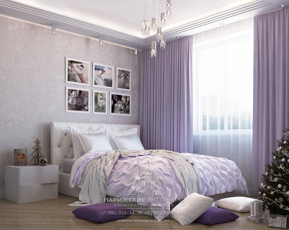 Сиреневая спальня - фото в современном стиле с белыми, серыми, бежевыми, розовыми шторами и обоями
