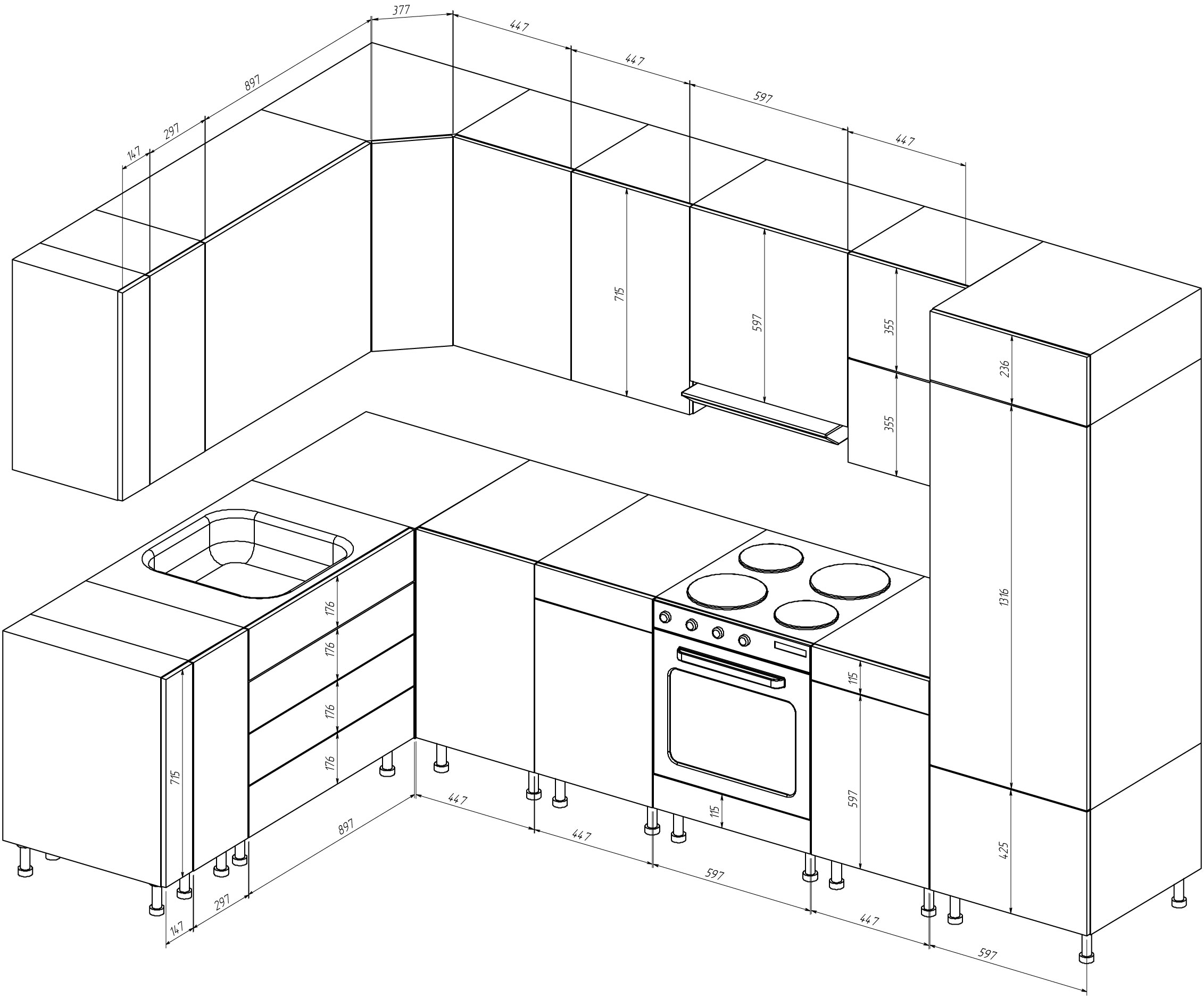 размещение кухонных шкафов по высоте