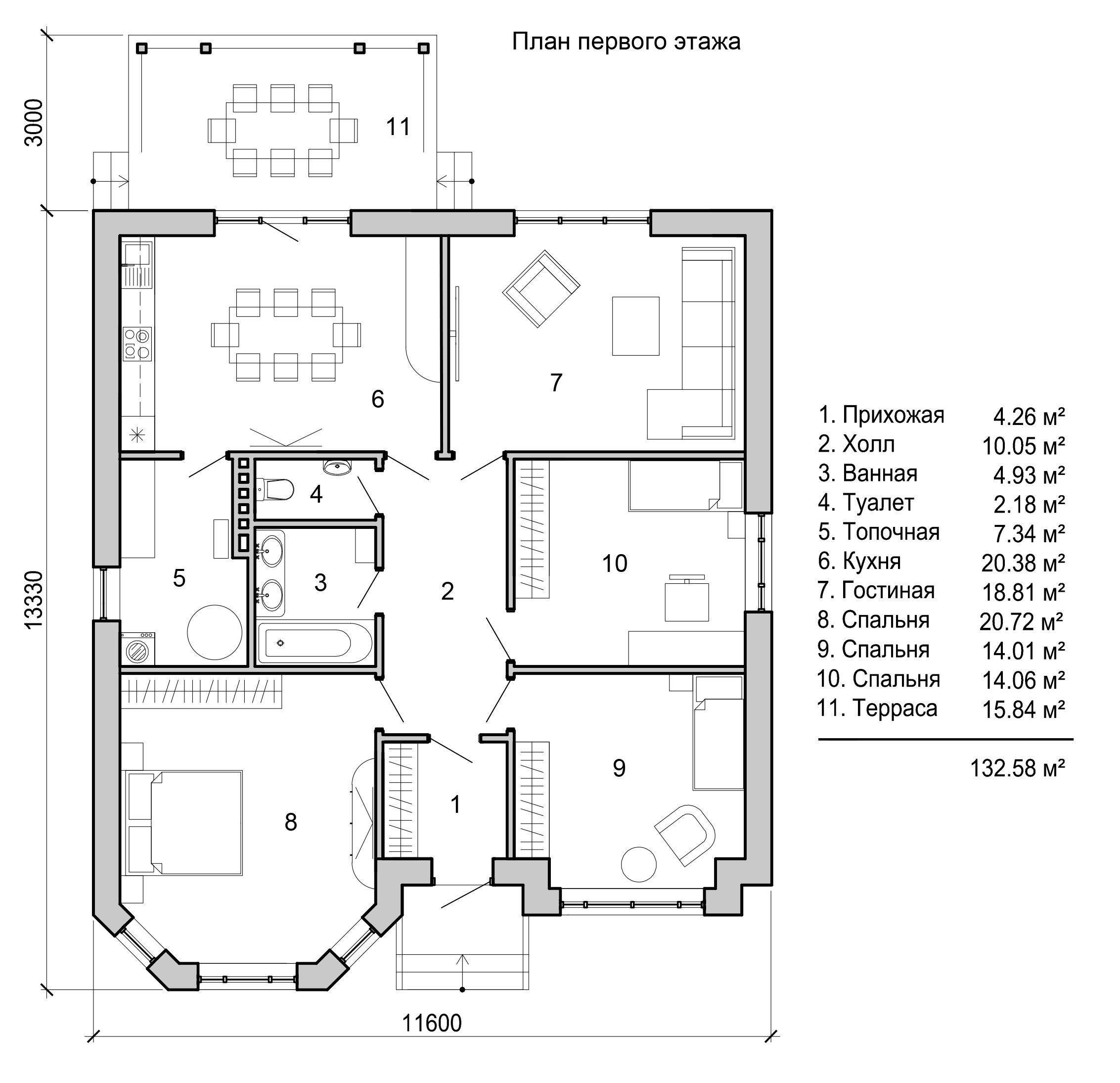 Схема одноэтажного дома с 3 спальнями