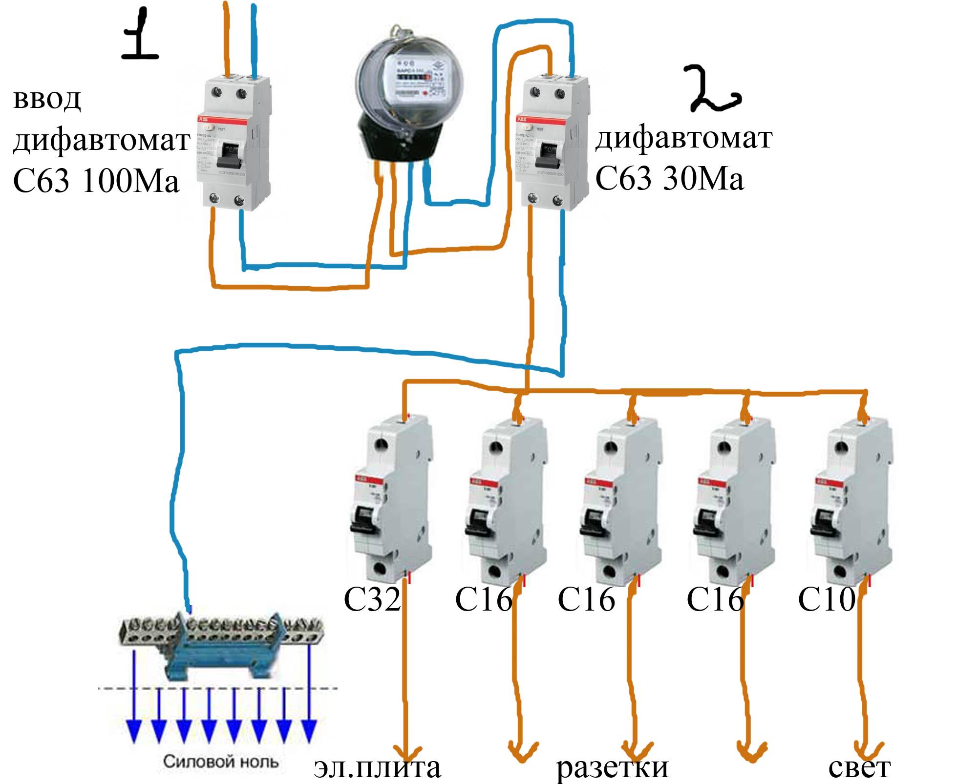 Схема расключения дифавтомата