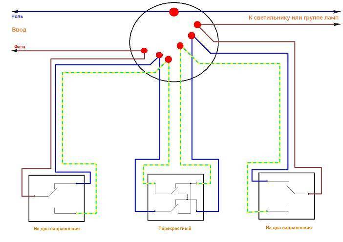 Схема подключения проходного выключателя с 3-х мест