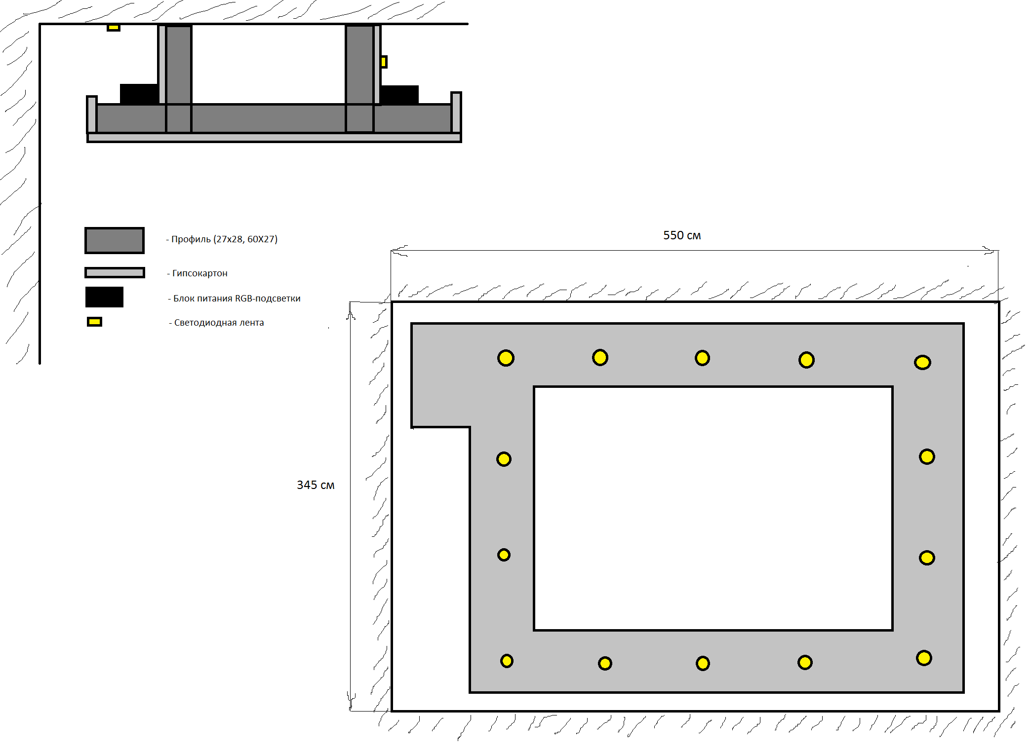 Схема монтажа двухуровневого потолка ГКЛ