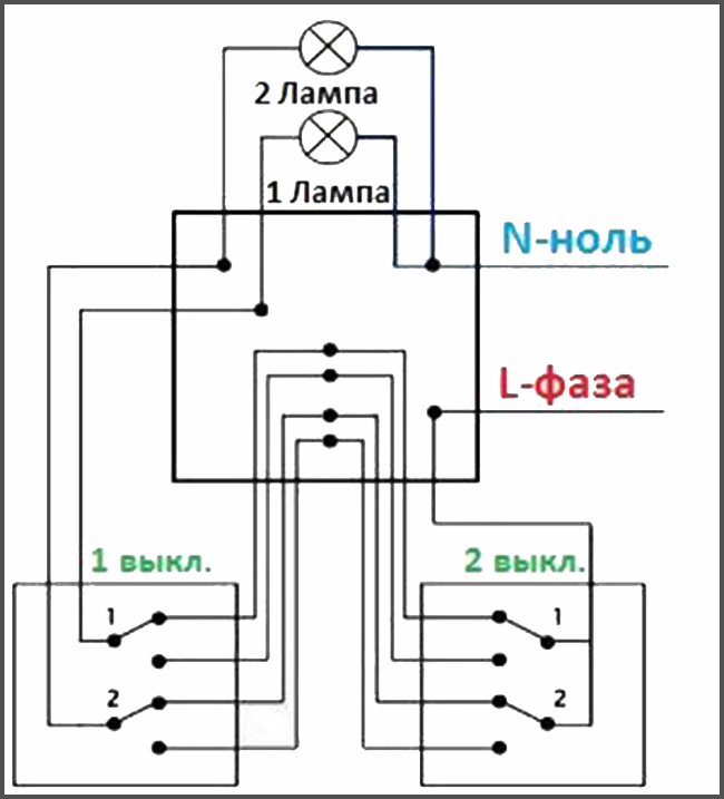 Схема подключения двухклавишного выключателя с двух мест