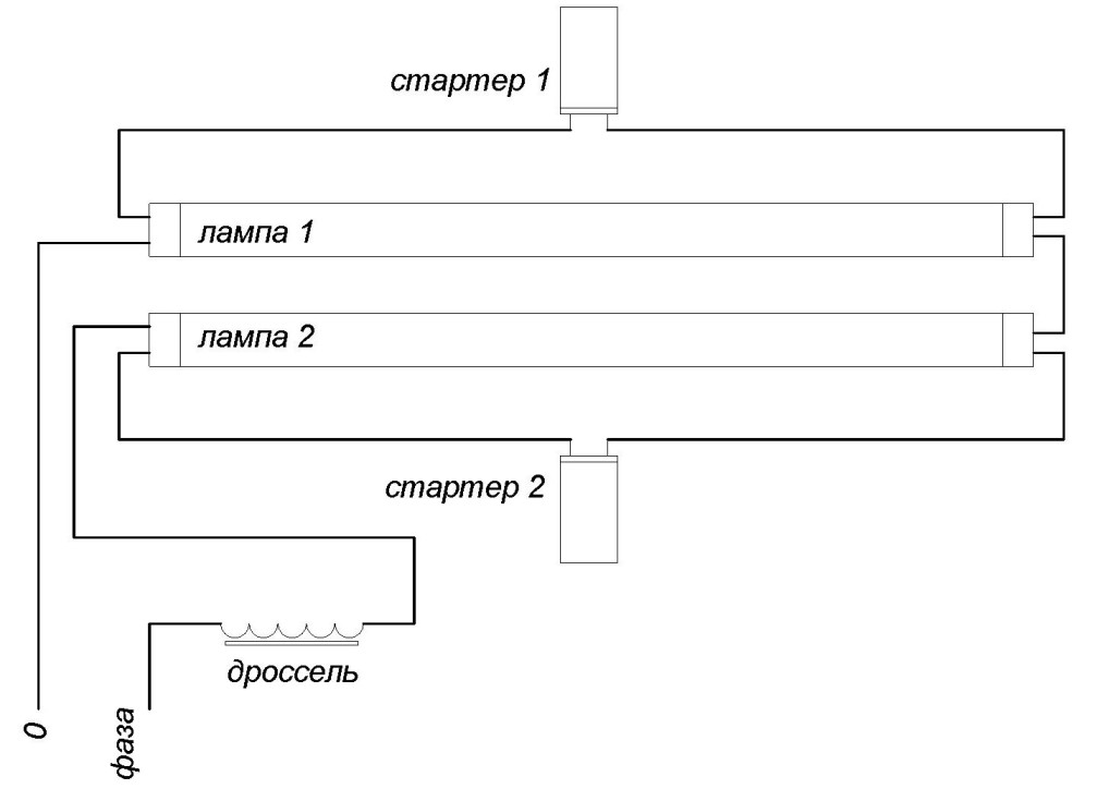 Схема подключения люминесцентной лампы с дросселем и стартером 2 лампы