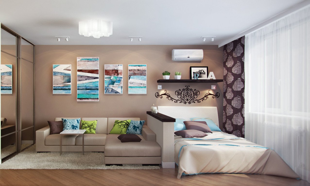 Спальня-гостиная 18 кв. м: дизайн и зонирование пространства при совмещении комнат в одной, интерьер прямоугольной